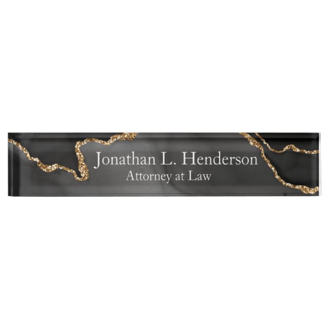 Modern Black and Gold Glitter Agate Professional Desk Name Plate (Front)