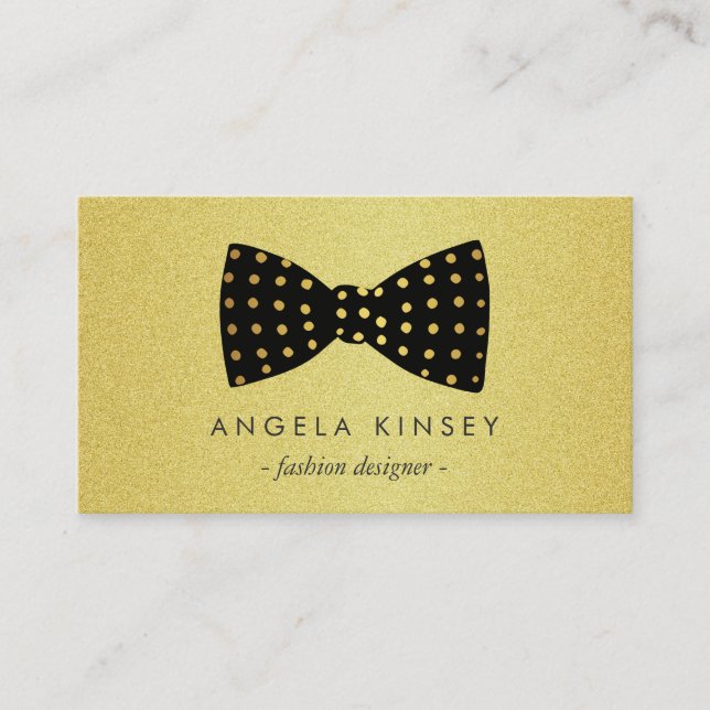 Modern Black and Gold Glitter Dots Ribbon Bow Business Card (Front)