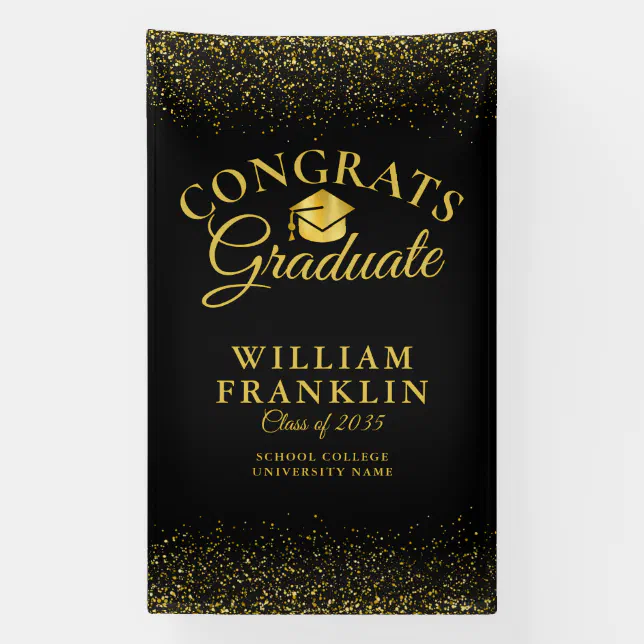 Modern Black And Gold Glitter Graduation Banner | Zazzle
