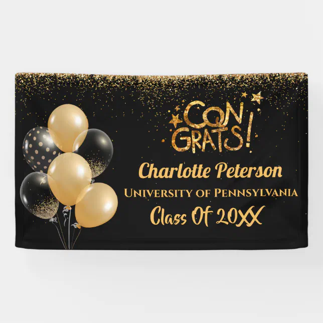 Modern Black and Gold Glitter Graduation Banner | Zazzle