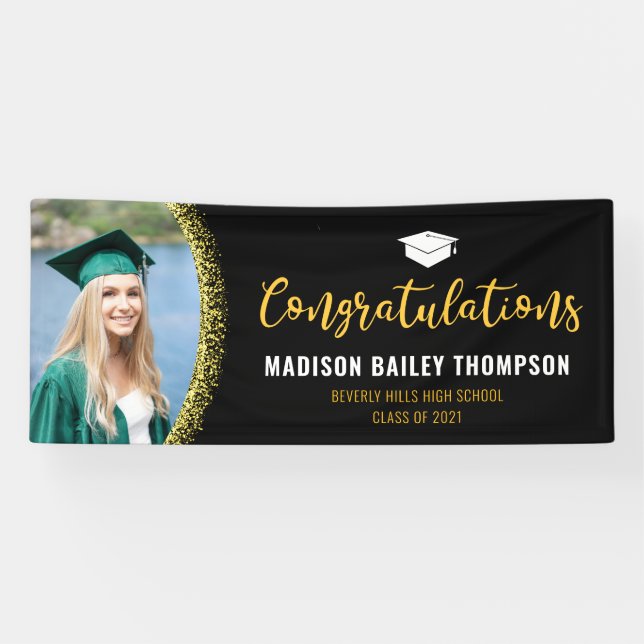 Modern Black and Gold Glitter Graduation Photo Banner (Horizontal)