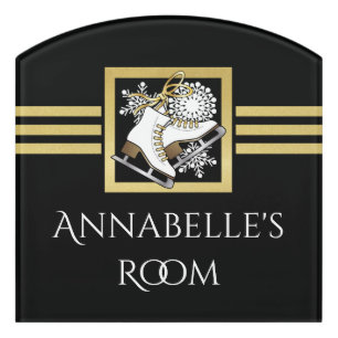 Modern Black and Gold Glitter Ice Skating Door Sign