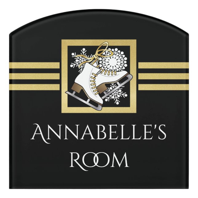 Modern Black and Gold Glitter Ice Skating Door Sign (Contour Front)