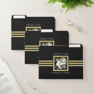 Modern Black and Gold Glitter Ice Skating File Folder