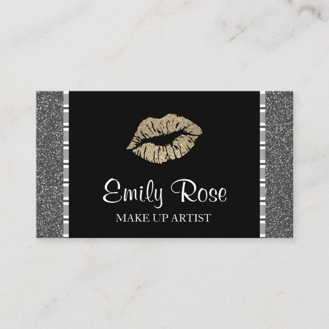Modern Black and Gold Glitter Lipstick Make Up Business Card (Front)