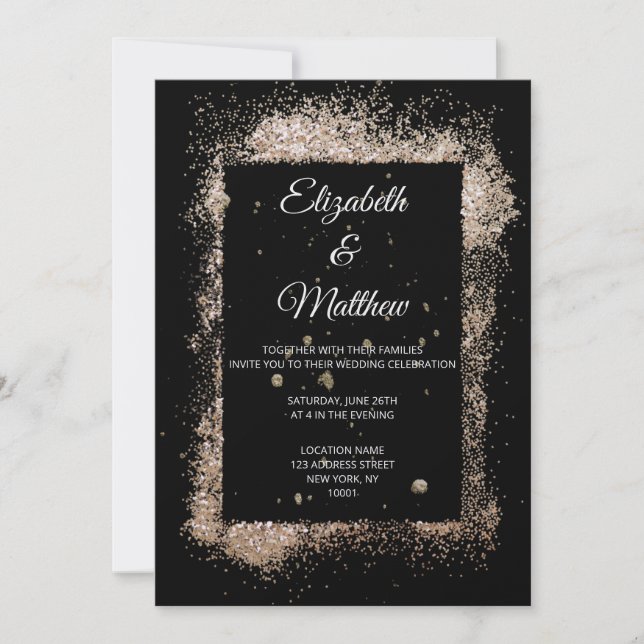 Modern Black and Gold Glitter Minimalist Wedding Invitation (Front)