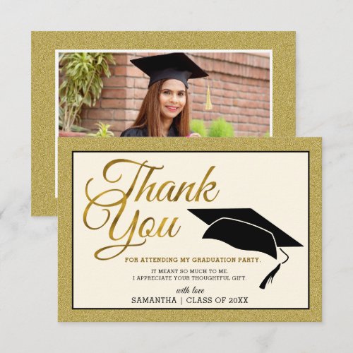 Modern Black And Gold Graduate Photo Graduation   Thank You Card