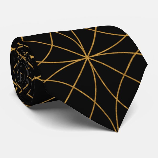 Modern Black and Gold Grid Mens Neck Tie (Rolled)