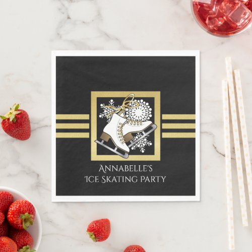 Modern Black and Gold Ice Skate Party Paper Napkins