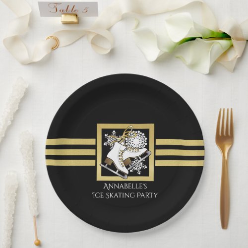 Modern Black and Gold Ice Skate Party Paper Plates