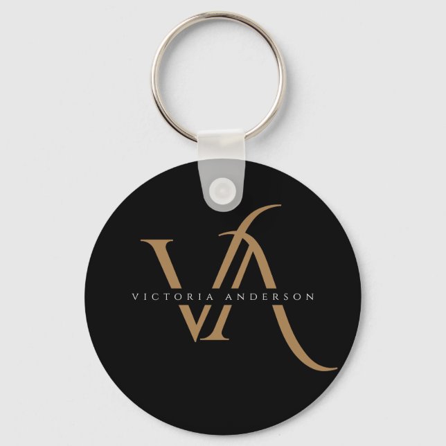 Modern Black and Gold Initials Elegant Monogrammed Keychain (Front)