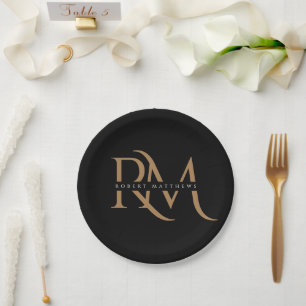 Modern Black and Gold Initials Elegant Monogrammed Paper Plates