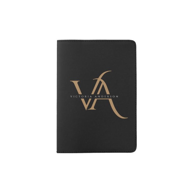 Modern Black and Gold Initials Elegant Monogrammed Passport Holder (Front)