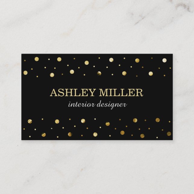 Modern Black and Gold Leaf Polka Dots Business Card (Front)