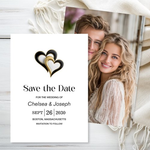 Modern Black and Gold Love Hearts Save the Date