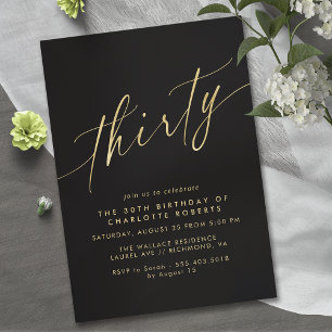 Modern Black and Gold   Luxe Script 30th Birthday Invitation