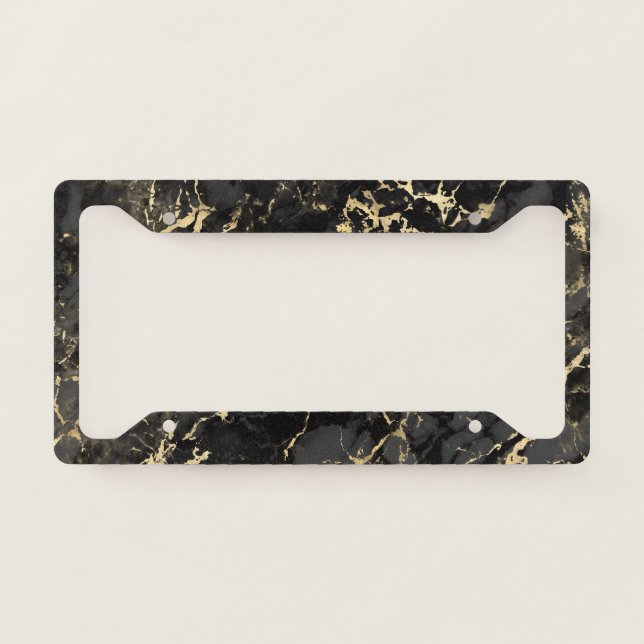 Modern Black and Gold Marble Pattern License Plate Frame (Front)