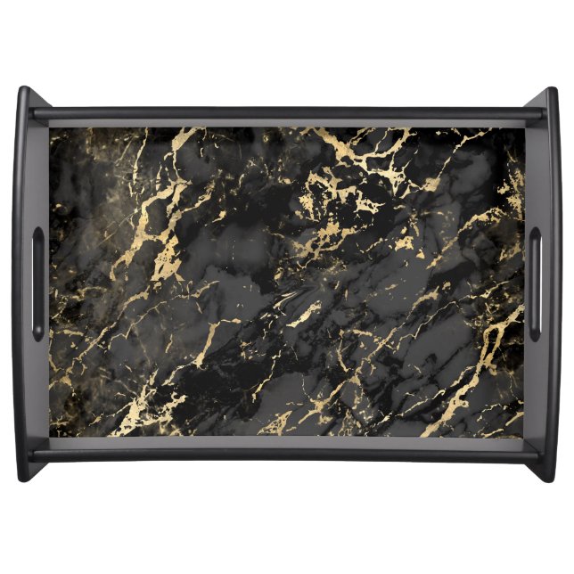 Modern Black and Gold Marble Pattern Serving Tray (Front)