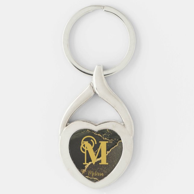 Modern Black and Gold Marbled Monogram  Keychain (Front)