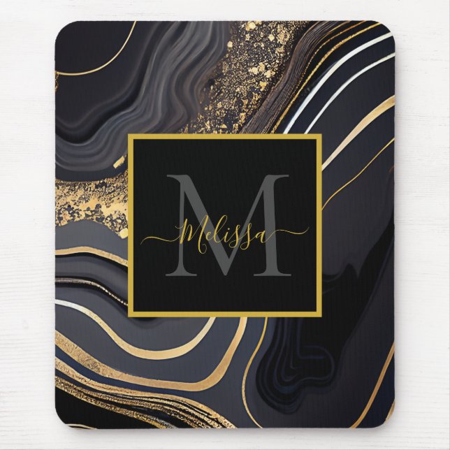 Modern Black and Gold Marbled Monogram Mouse Pad (Front)
