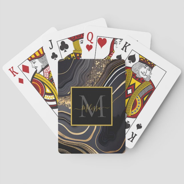 Modern Black and Gold Marbled Monogram Poker Cards (Back)