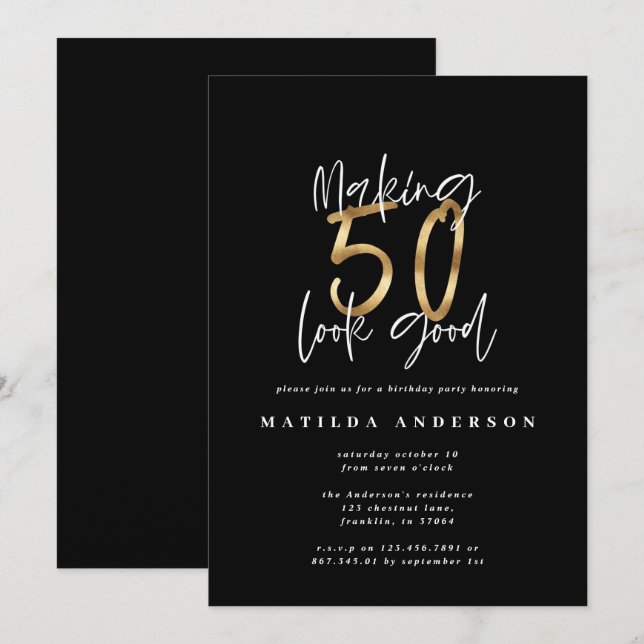 Modern black and gold minimal 50th birthday (Front/Back)