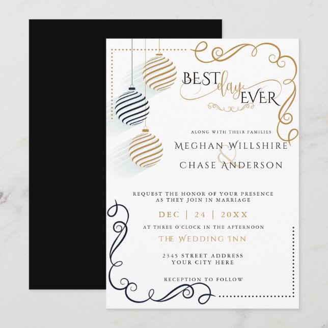 Modern Black and Gold  Minimal Holiday Baubles Invitation (Front/Back)
