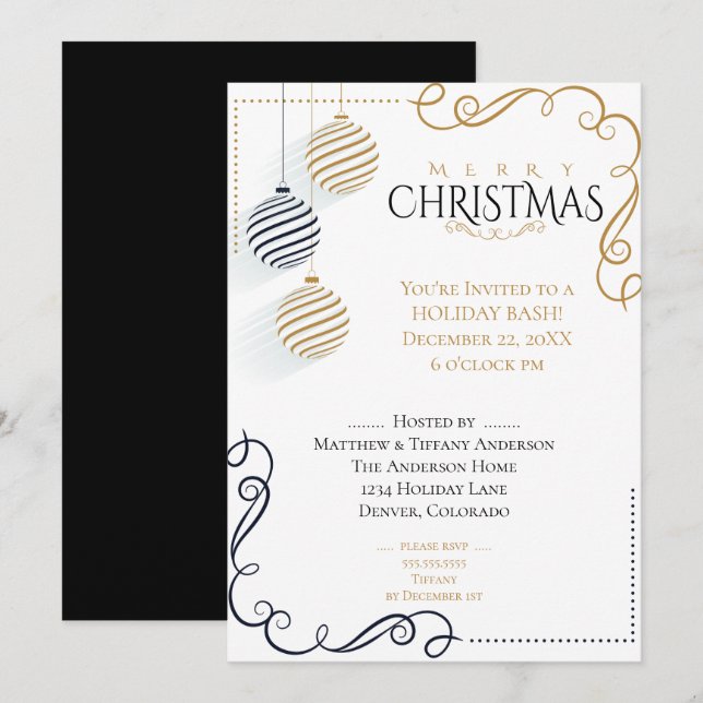 Modern Black and Gold  Minimal Holiday Baubles Invitation (Front/Back)