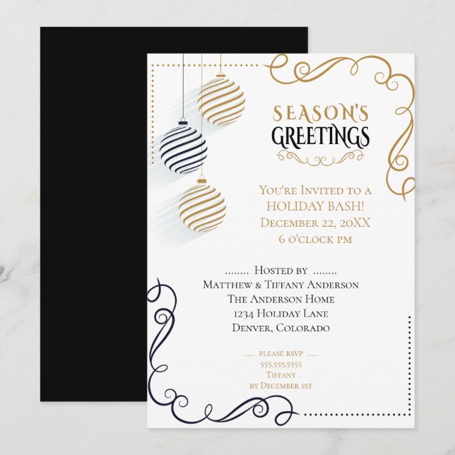 Modern Black and Gold  Minimal Holiday Baubles Invitation (Front/Back)