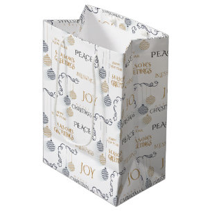 Modern Black and Gold Minimal Holiday Baubles Medium Gift Bag