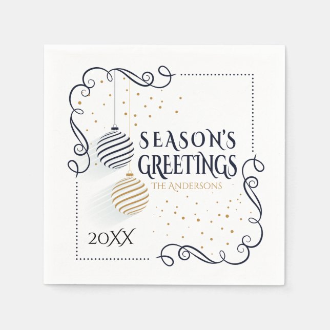 Modern Black and Gold Minimal Holiday Baubles Napkins (Front)