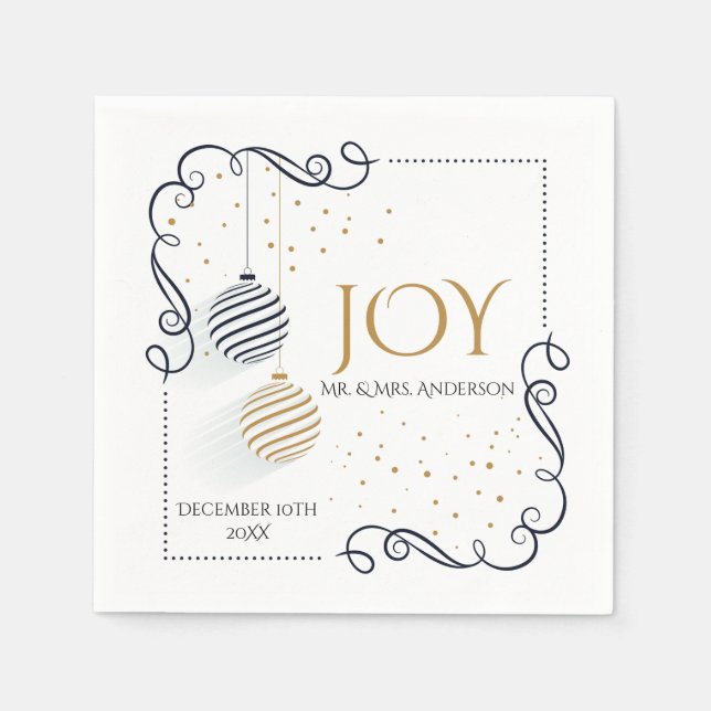 Modern Black and Gold Minimal Holiday Baubles Napkins (Front)