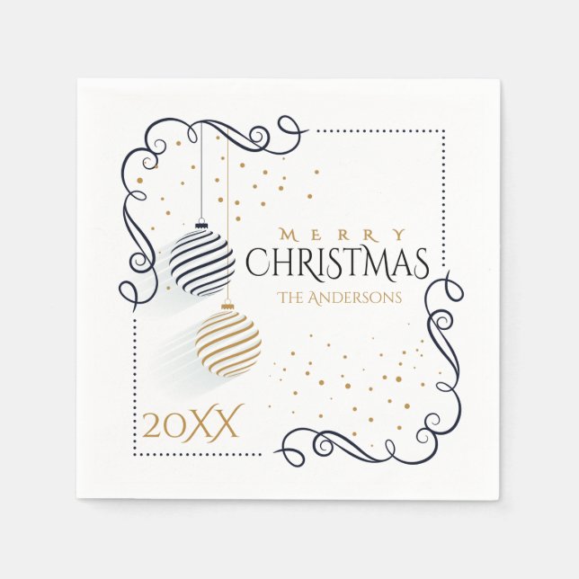 Modern Black and Gold Minimal Holiday Baubles Napkins (Front)