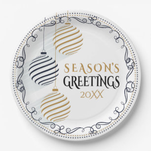 Modern Black and Gold Minimal Holiday Baubles Paper Plates