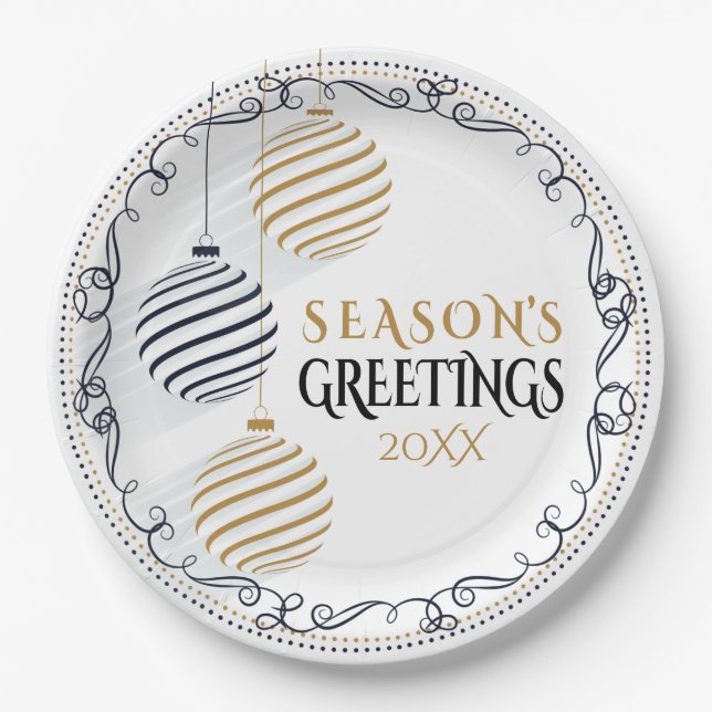 Modern Black and Gold Minimal Holiday Baubles Paper Plates (Front)