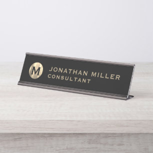 Modern Black and Gold Monogram Desk Name Plate