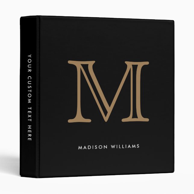 Modern Black and Gold Monogram Initial 3 Ring Binder (Front/Spine)