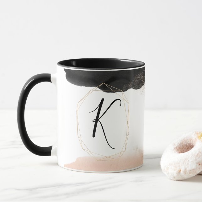 Modern Black and Gold Monogram  Mug (With Donut)