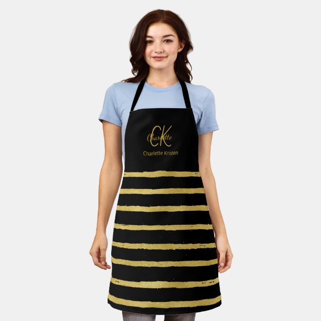 Modern Black and Gold Monogram Name  Apron (Worn)
