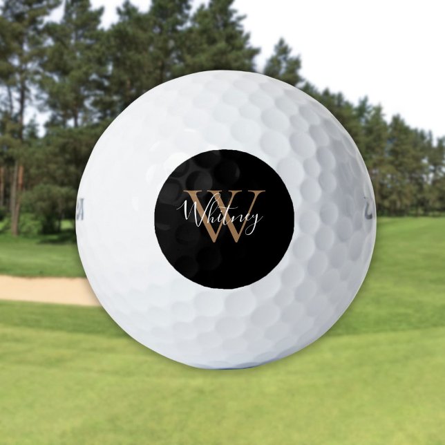 Modern Black And Gold Monogram Script Name  Golf Balls (Modern Black And Gold Monogram Script Name Golf Balls)