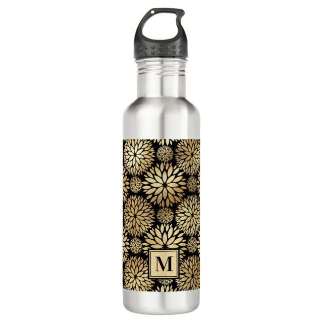 Modern Black and Gold Monogram Stainless Steel Water Bottle (Front)