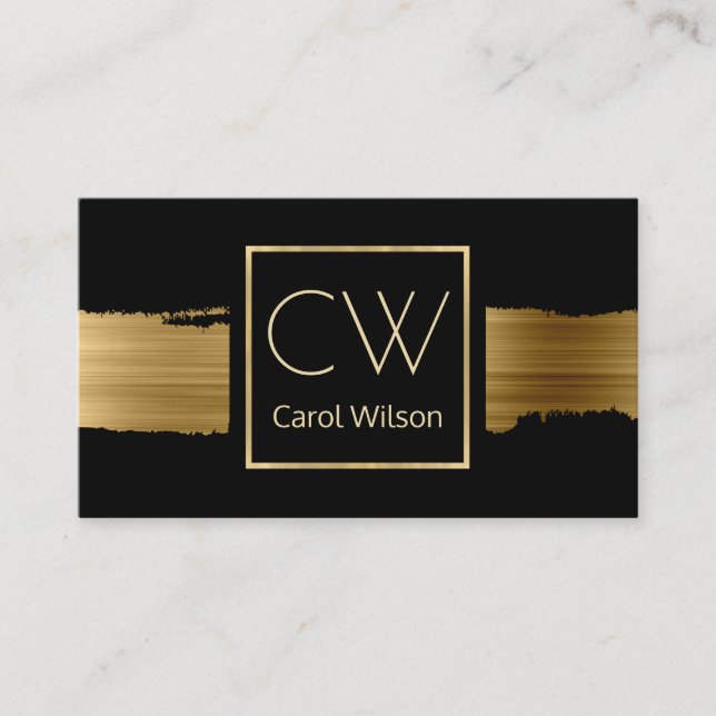Modern Black and Gold Monogrammed Business Card (Front)