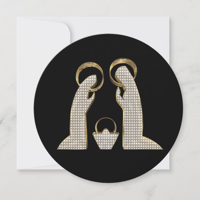 Modern Black and Gold Nativity Crib Christmas Holiday Card (Front)