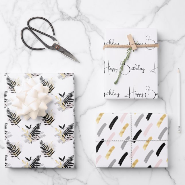 Modern Black and Gold on White Coordinated  Wrapping Paper Sheets (Front)