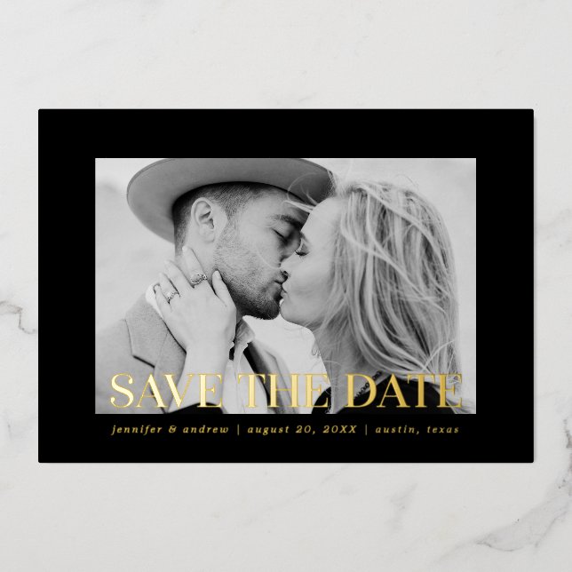 Modern Black and Gold Overlay Photo Save the Date Foil Invitation (Front)