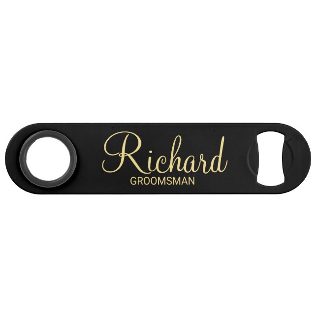 Modern Black and Gold Personalized Groomsman Bar Key (Front (Horizontal))