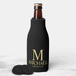 Modern Black and Gold Personalized Groomsman Bottle Cooler<br><div class="desc">Modern Black and Gold Personalized Groomsman Gifts featuring personalized monogram, groomsman's name and title in gold classic serif font style on black background. Also perfect for Best Man, Father of the Bride and more. Please Note: The foil details are simulated in the artwork. No actual foil will be used in...</div>
