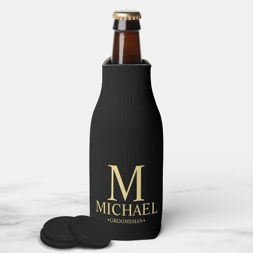Modern Black and Gold Personalized Groomsman Bottle Cooler