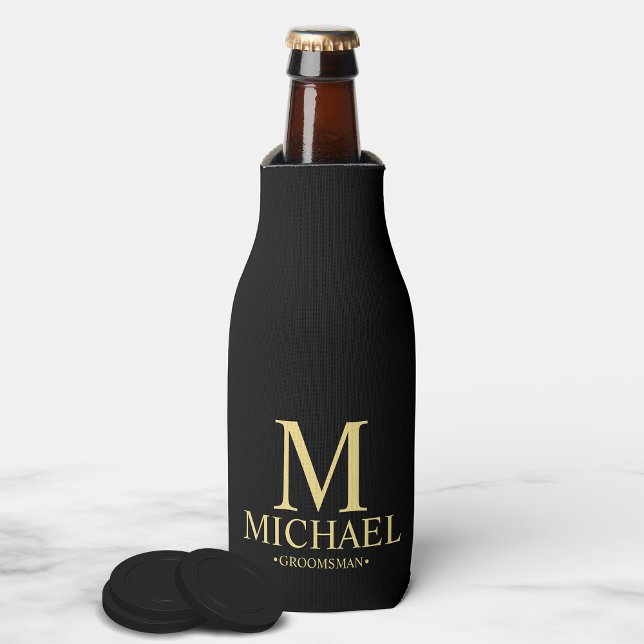 Modern Black and Gold Personalized Groomsman Bottle Cooler (Creator Uploaded)