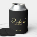 Modern Black and Gold Personalized Groomsman Can Cooler<br><div class="desc">Modern Black and Gold Personalized Groomsman Gifts featuring personalized groomsman's name in gold modern script font style with title and wedding date in modern sans serif font style on black background. Also perfect for best man, father of the bride, bridesmaid, maid of honor, mother of the bride and more. Please...</div>